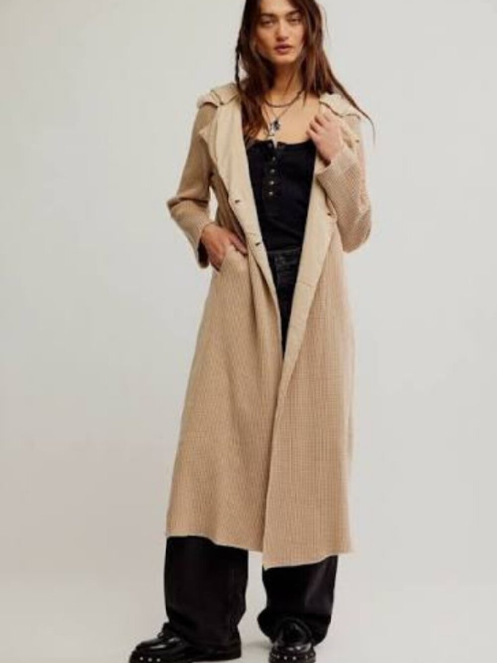 Free People Fp One Landon Jacket Sand Collared Neck Waffle Duster Dress XS